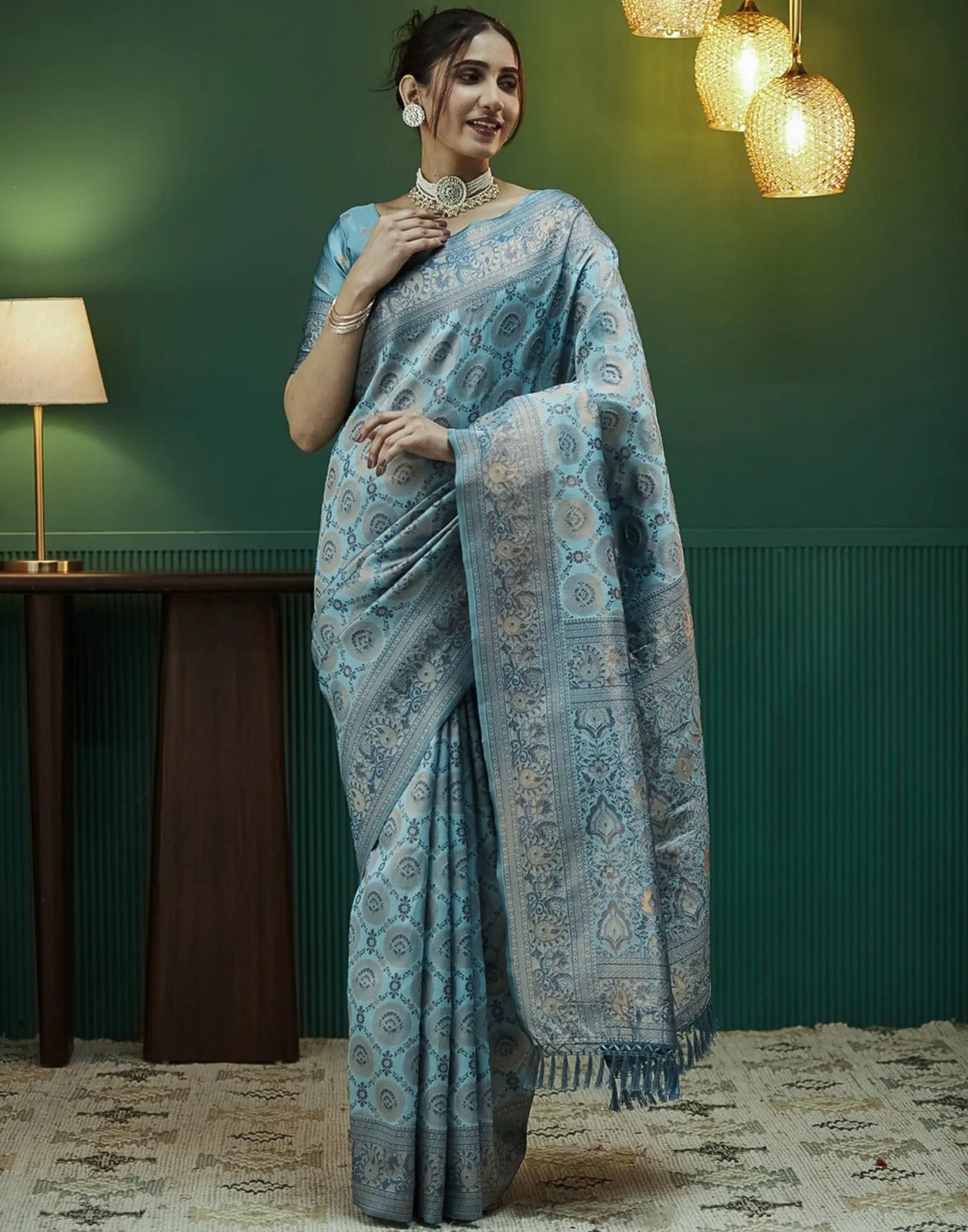 Sky Blue Banarasi Silk Saree with Elegant Zari Weave