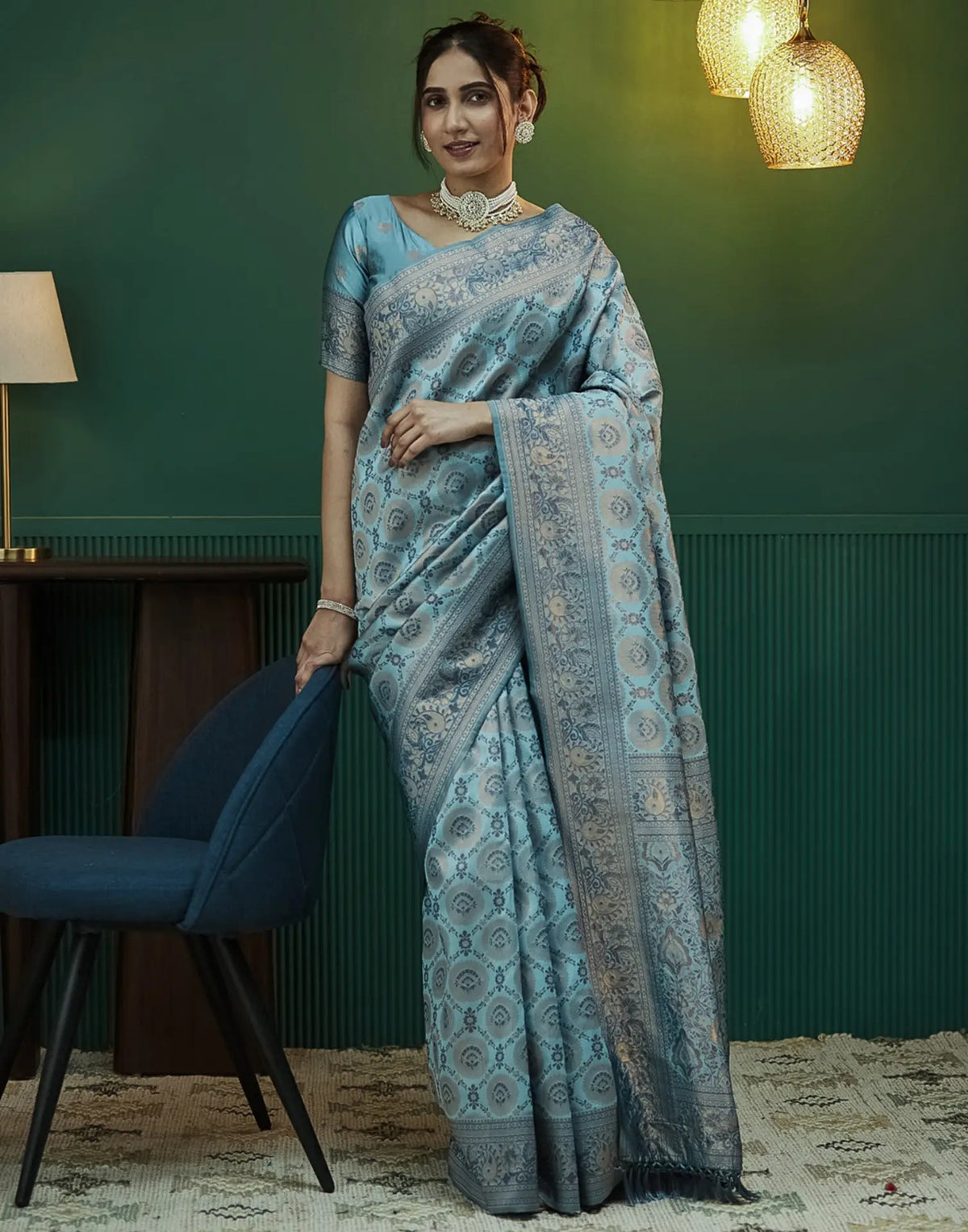 Sky Blue Banarasi Silk Saree with Elegant Zari Weave for Women