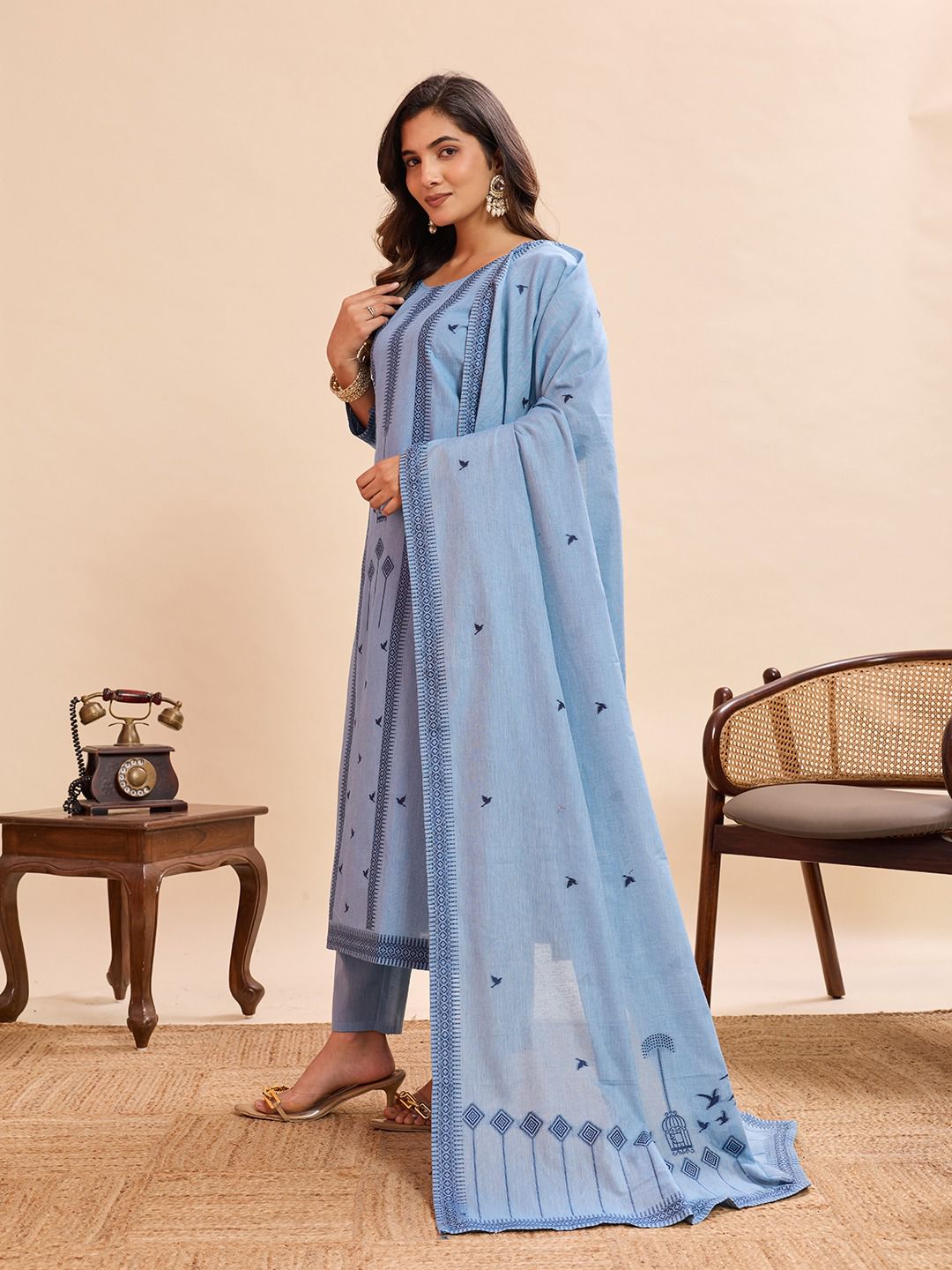 Sky Blue Cotton Straight Kurta Set with Dupatta for Women