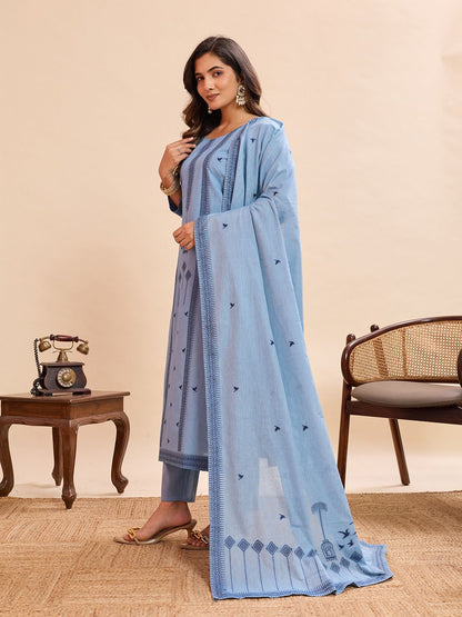 Sky Blue Cotton Straight Kurta Set with Dupatta for Women