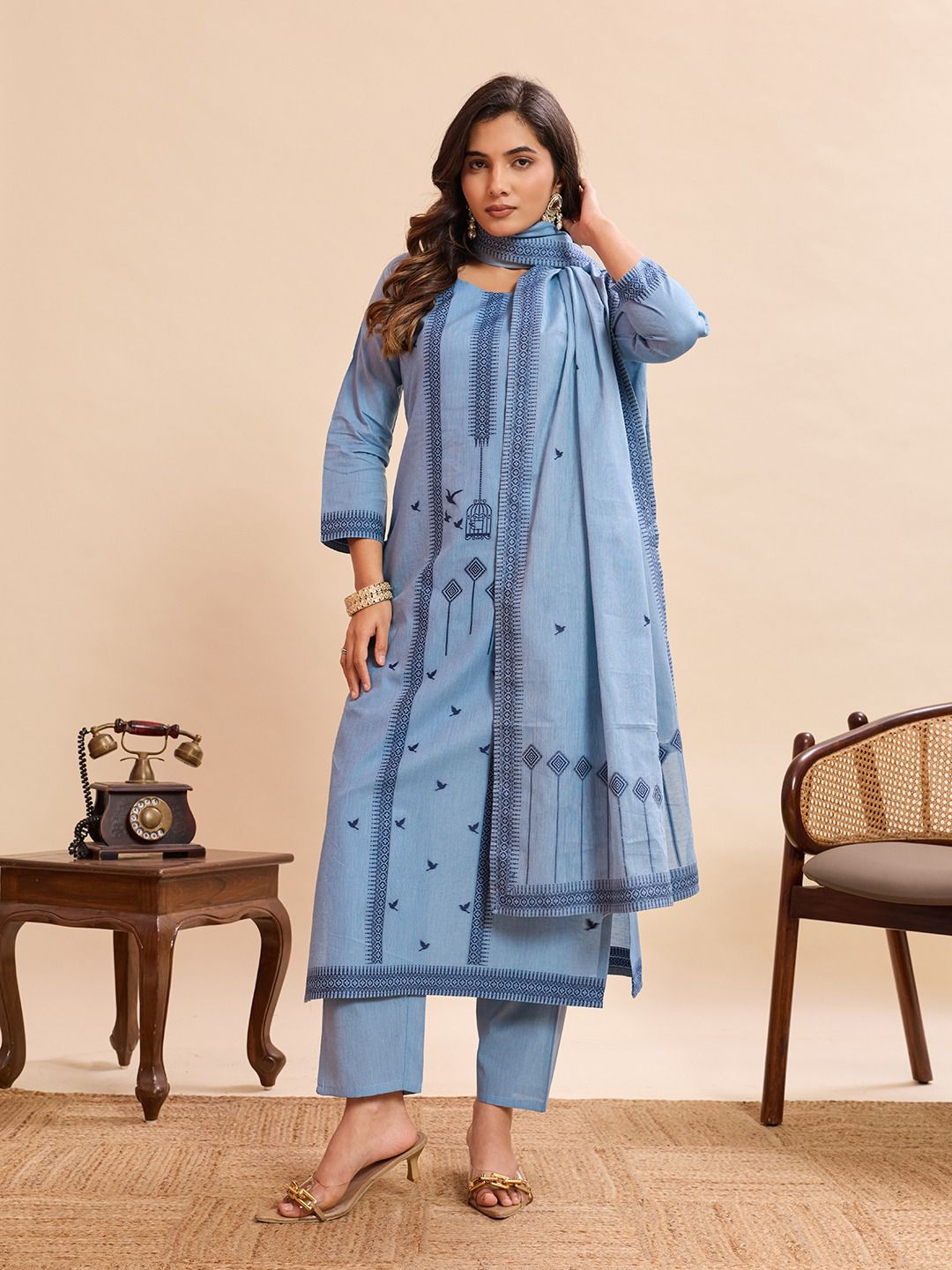 Sky Blue Cotton Straight Kurta Set with Dupatta for Women