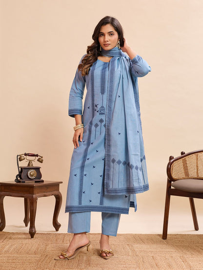 Sky Blue Cotton Straight Kurta Set with Dupatta for Women