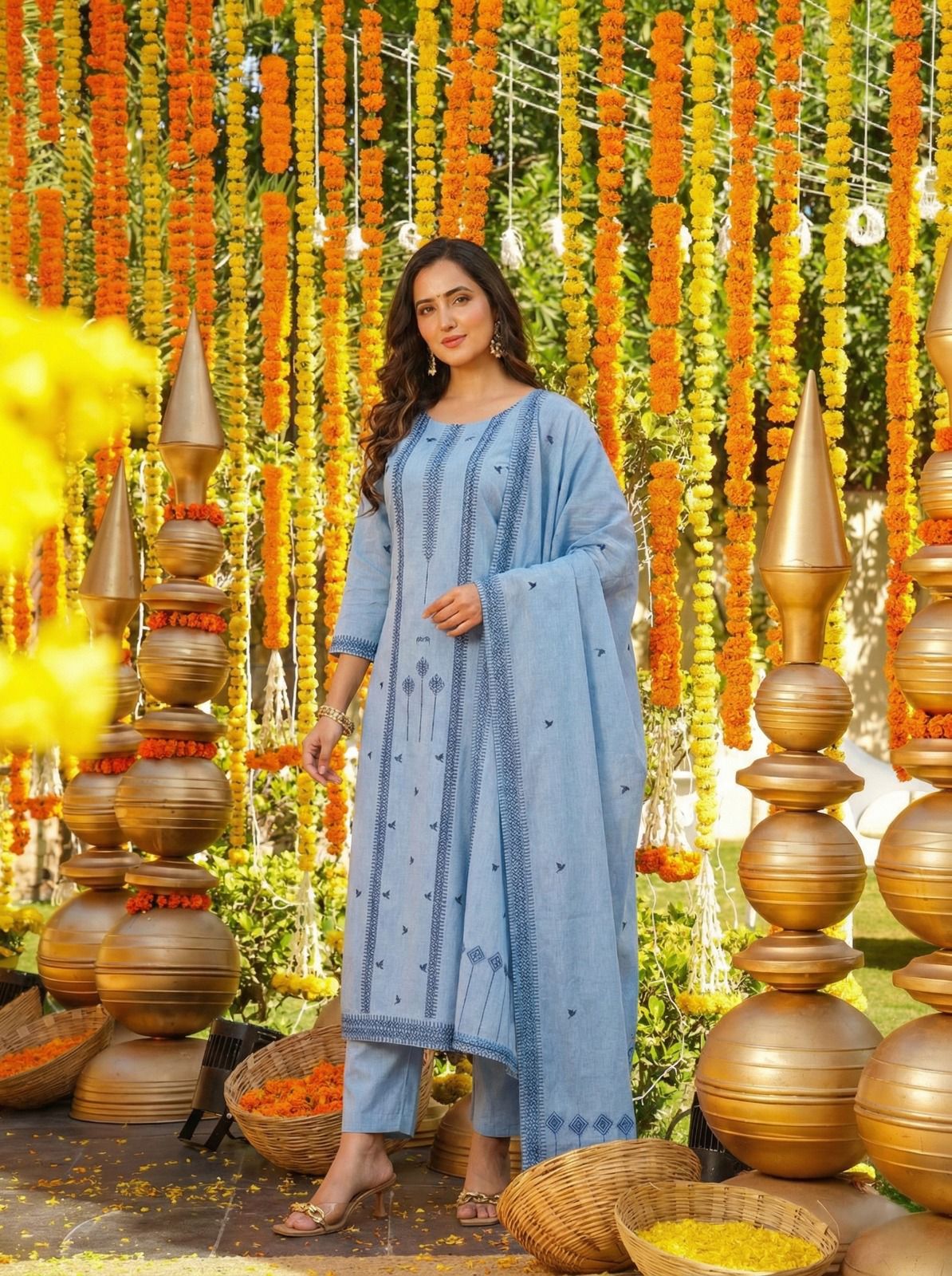 Sky Blue Cotton Straight Kurta Set with Dupatta for Women