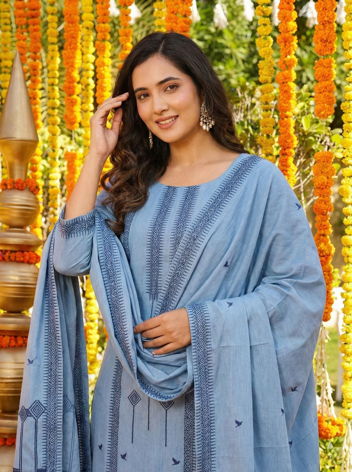 Sky Blue Cotton Straight Kurta Set with Dupatta for Women