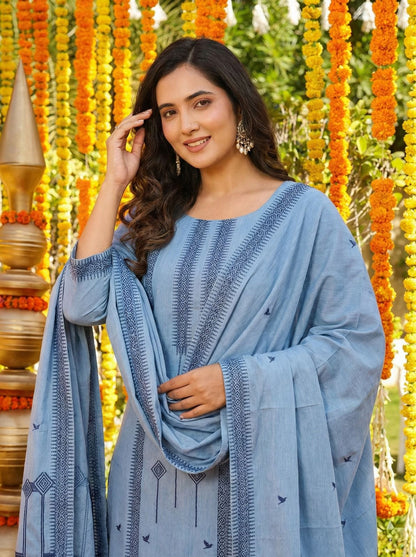 Sky Blue Cotton Straight Kurta Set with Dupatta for Women