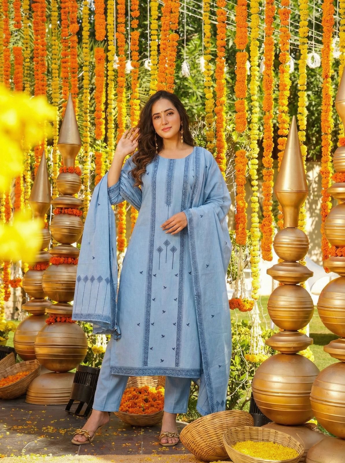 Sky Blue Cotton Straight Kurta Set with Dupatta for Women