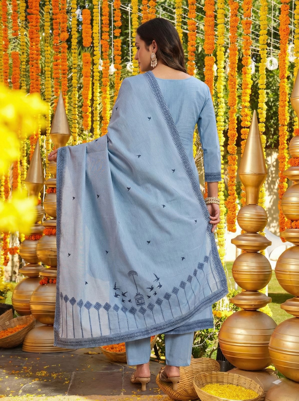 Sky Blue Cotton Straight Kurta Set with Dupatta for Women
