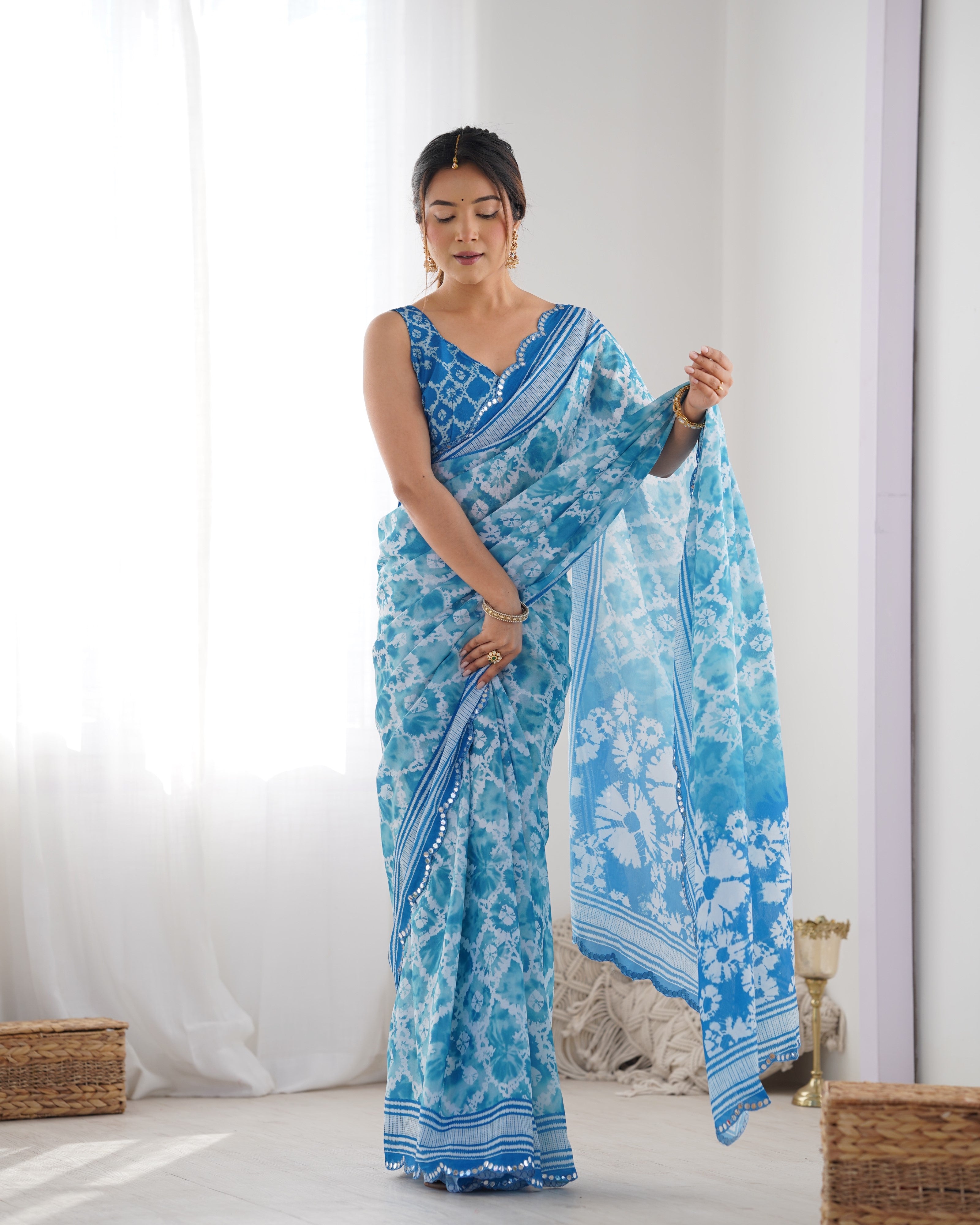 Sky Blue Designer Chinon Saree for Women