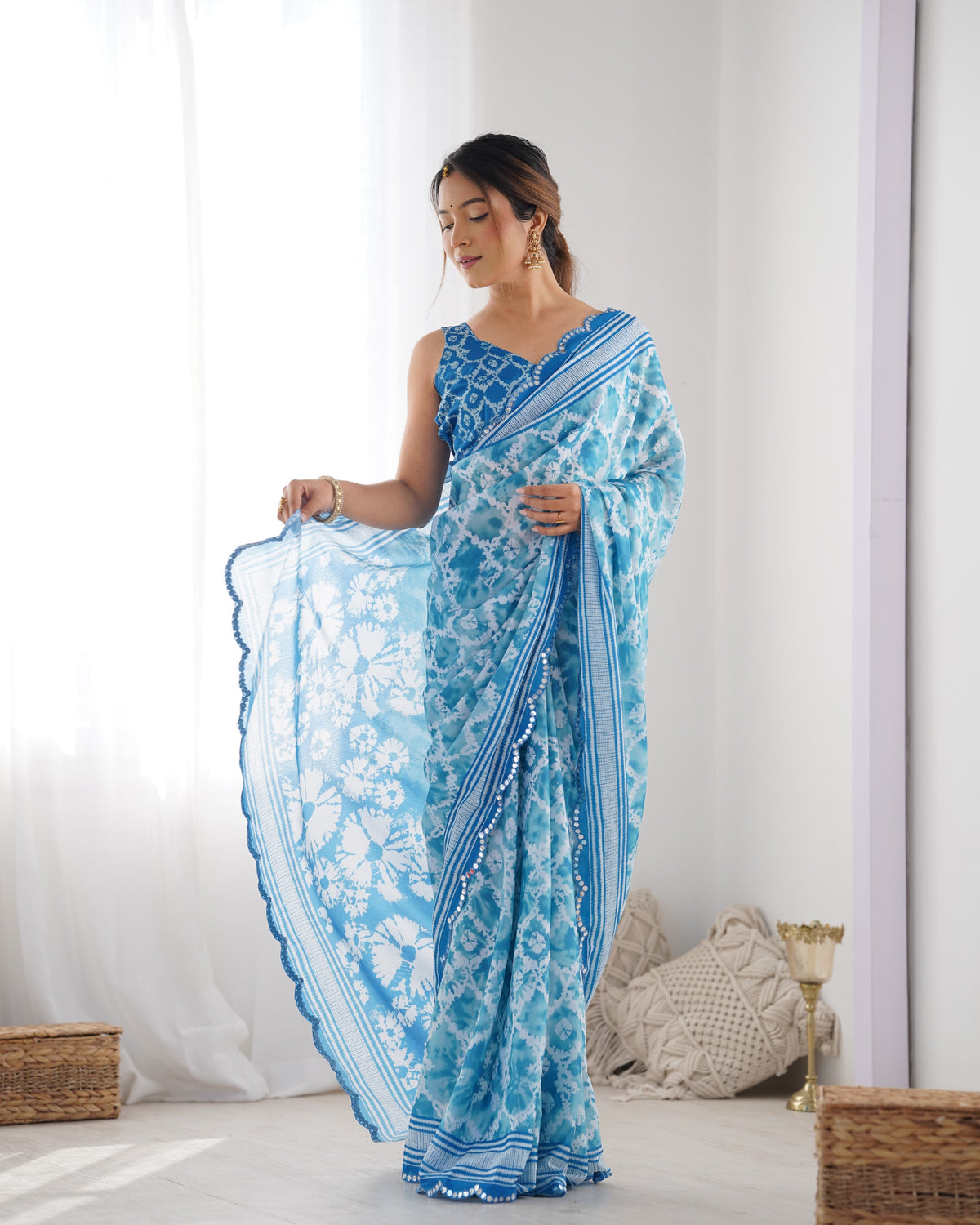 Sky Blue Designer Chinon Saree for Women