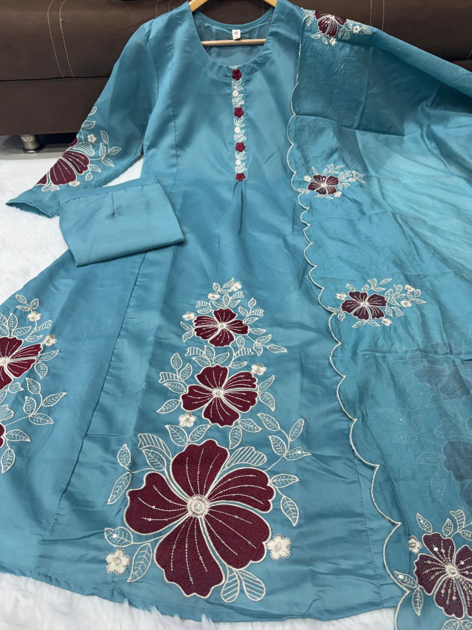 Sky Blue Floral Embroidered Chanderi Kurta Set Women for Women