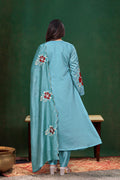 Sky Blue Floral Embroidered Chanderi Kurta Set Women
