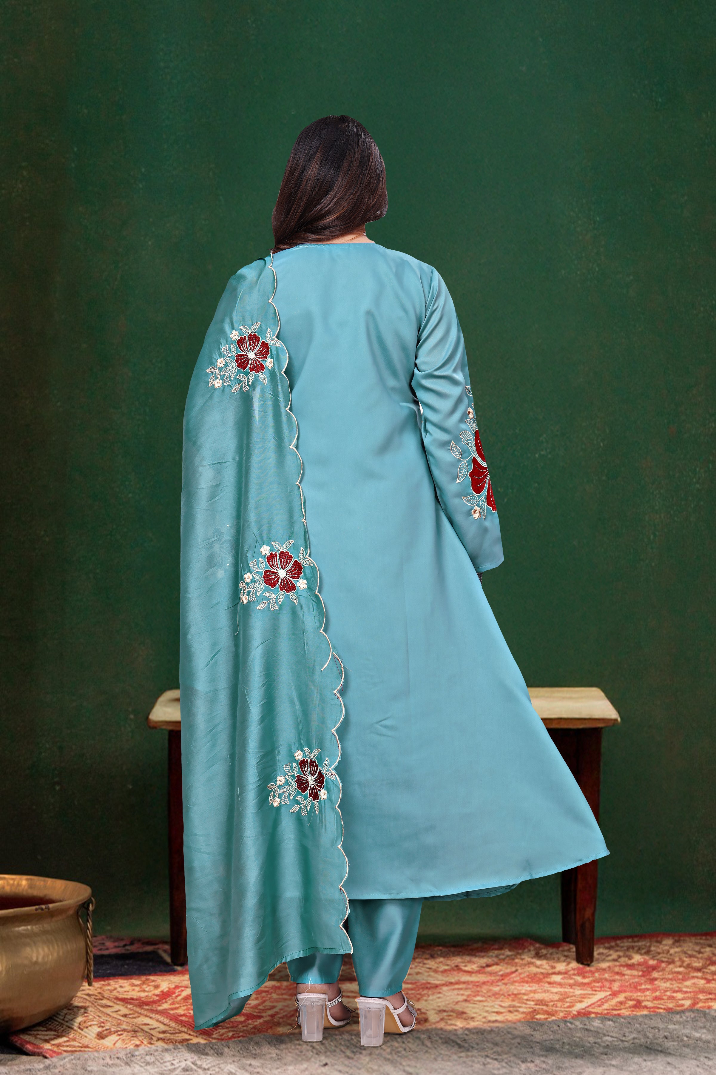 Sky Blue Floral Embroidered Chanderi Kurta Set Women