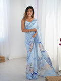 Sky Blue Floral Heavy Chinon Saree with Designer Border