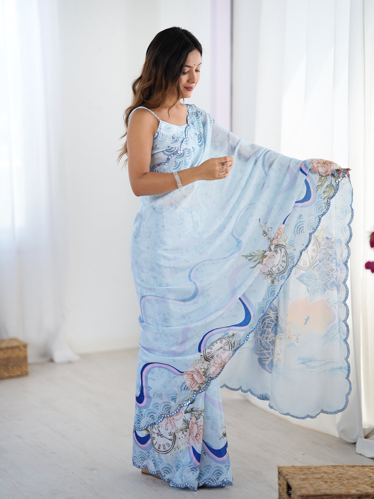Sky Blue Floral Heavy Chinon Saree with Designer Border for Women