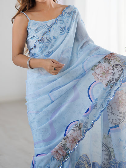 Sky Blue Floral Heavy Chinon Saree with Designer Border for Women