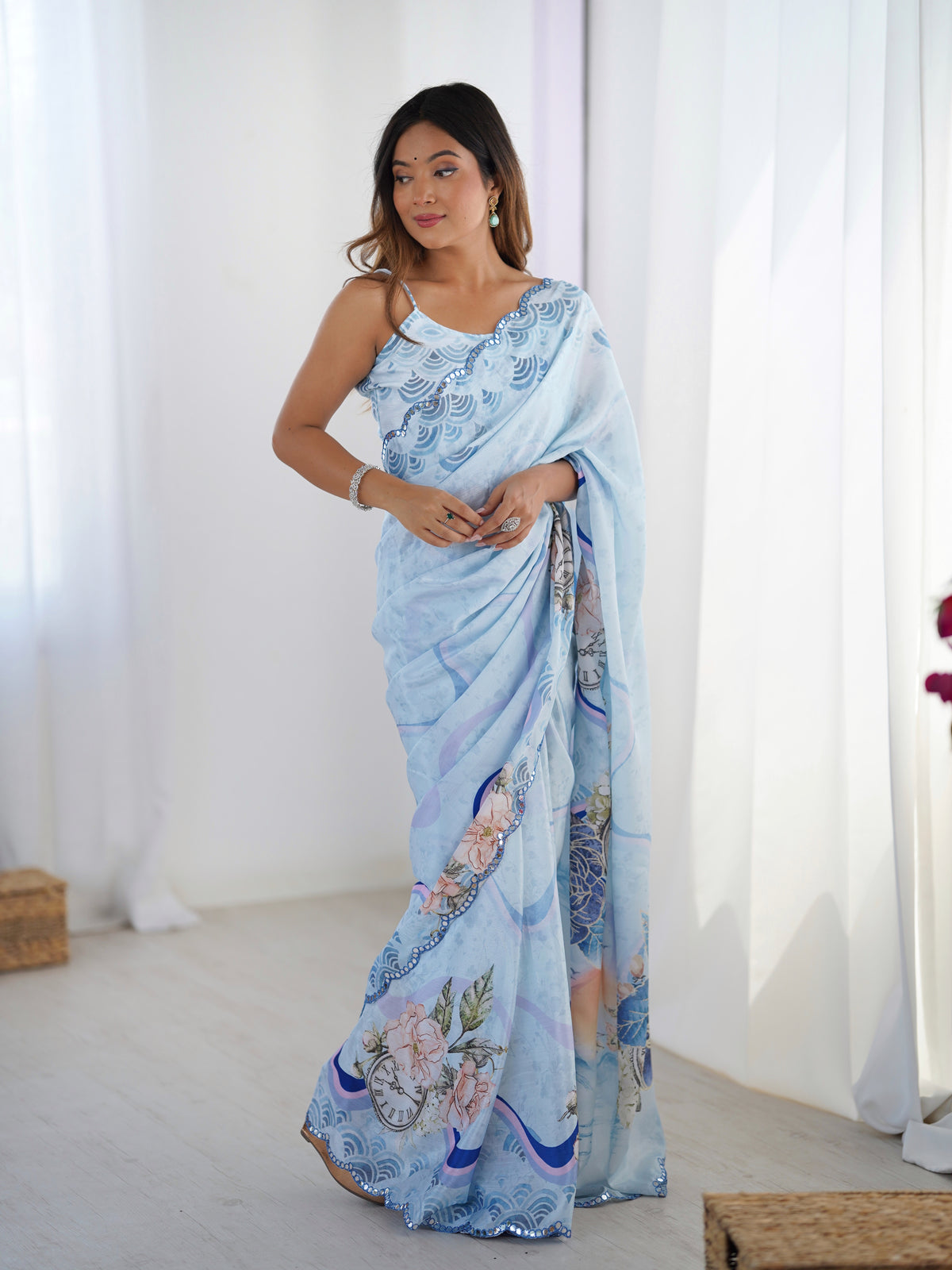 Sky Blue Floral Heavy Chinon Saree with Designer Border for Women
