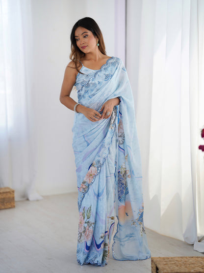 Sky Blue Floral Heavy Chinon Saree with Designer Border for Women