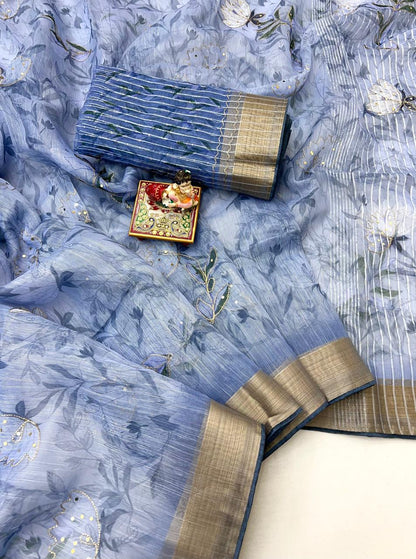 Sky Blue Organza Cotton Silk Saree With Sequin Work for Women