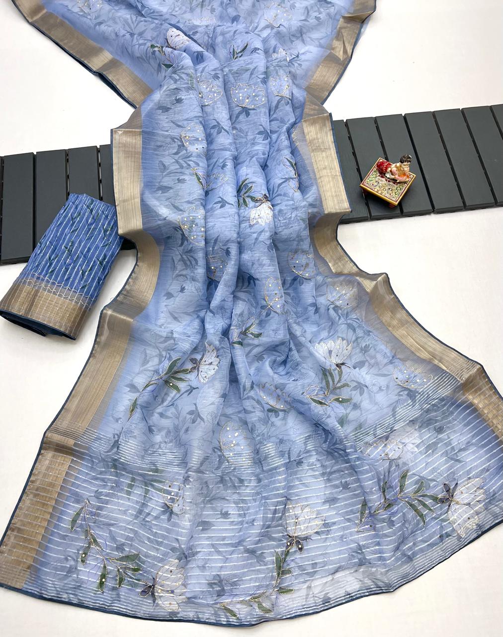Sky Blue Organza Cotton Silk Saree With Sequin Work for Women