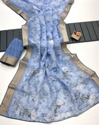 Sky Blue Organza Cotton Silk Saree With Sequin Work for Women
