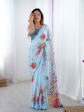 Sky Blue Party Wear Chinnon Saree with Mirror Border