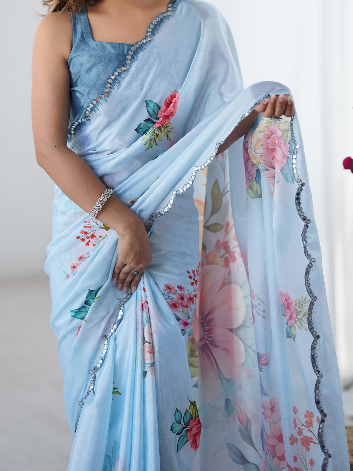 Sky Blue Party Wear Chinnon Saree with Mirror Border for Women
