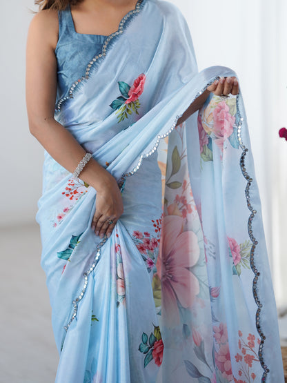 Sky Blue Party Wear Chinnon Saree with Mirror Border for Women
