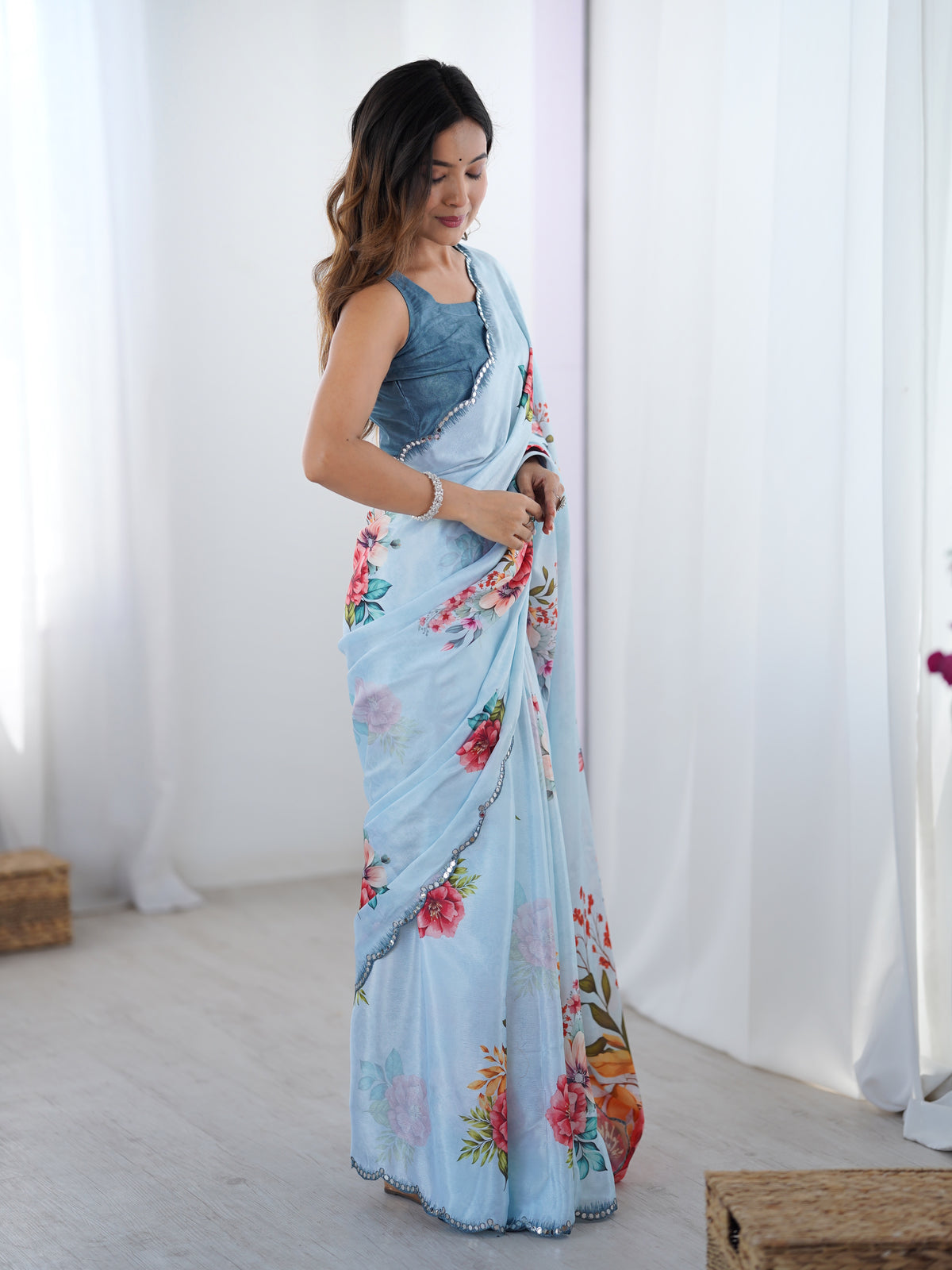 Sky Blue Party Wear Chinnon Saree with Mirror Border for Women