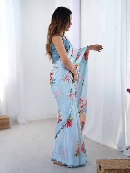 Sky Blue Party Wear Chinnon Saree with Mirror Border for Women