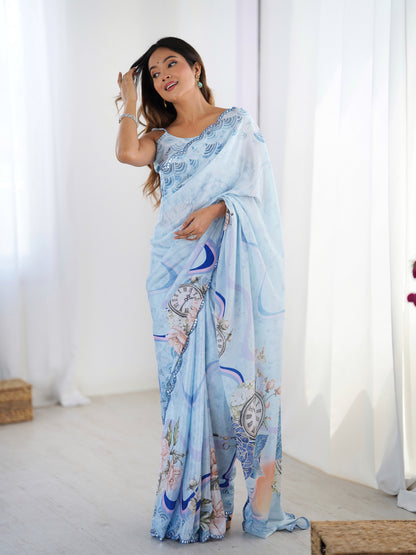 Sky Blue Vintage Print Heavy Chinon Saree with Blouse for Women