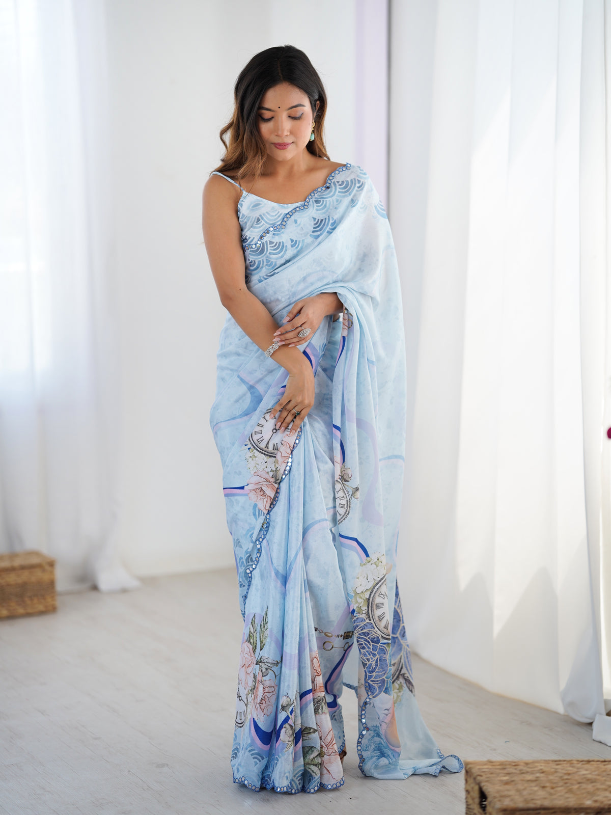 Sky Blue Vintage Print Heavy Chinon Saree with Blouse for Women