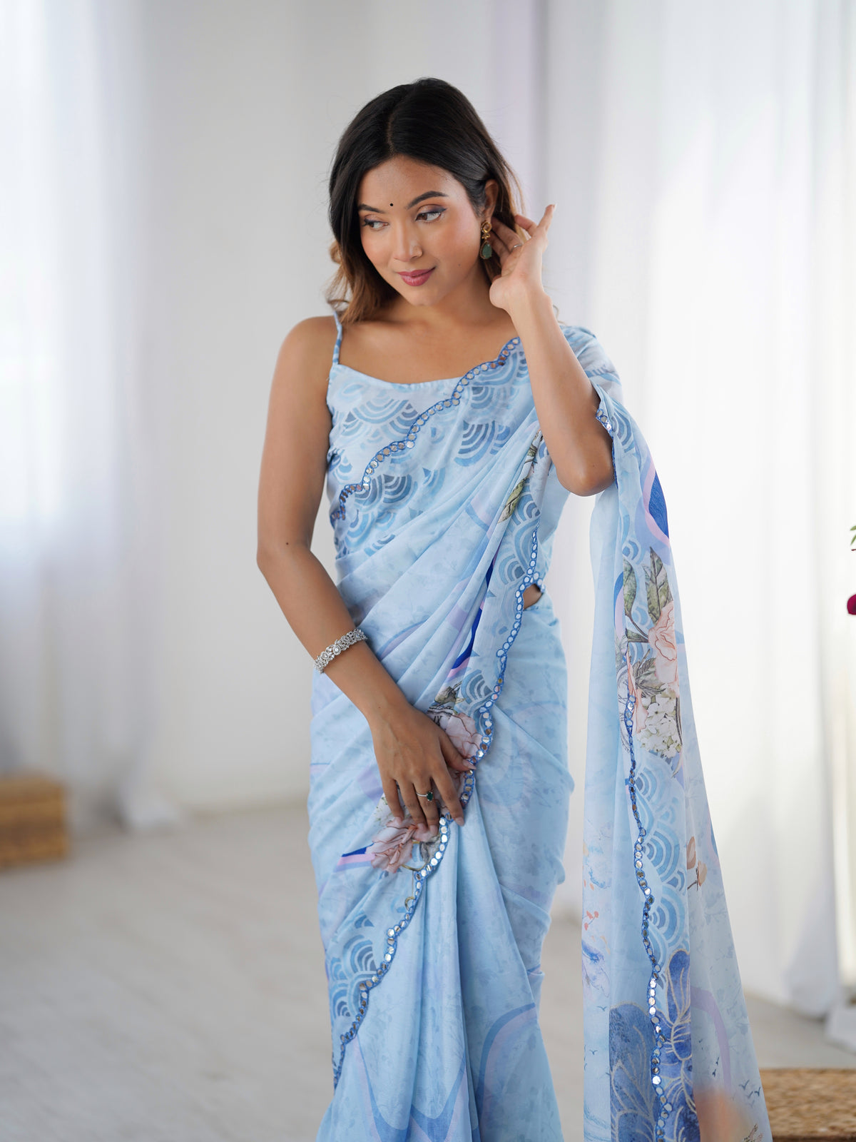 Sky Blue Vintage Print Heavy Chinon Saree with Blouse for Women