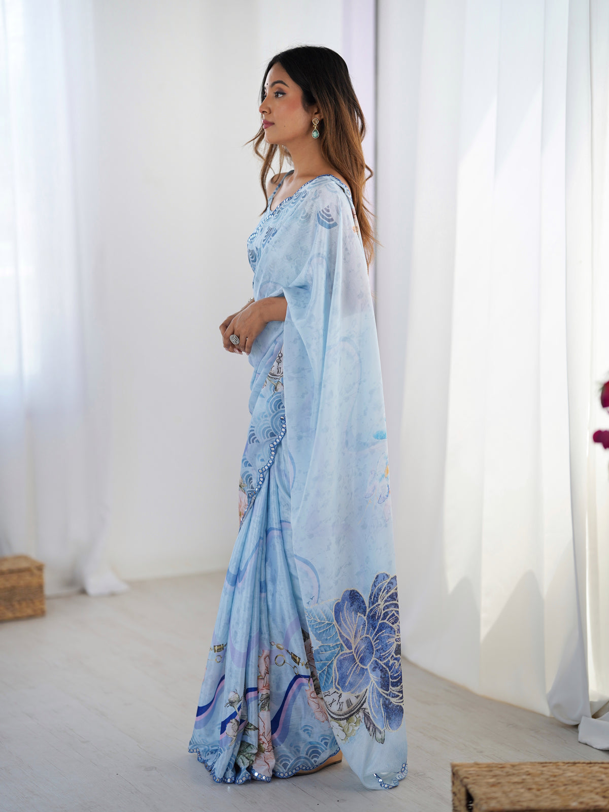 Sky Blue Vintage Print Heavy Chinon Saree with Blouse for Women