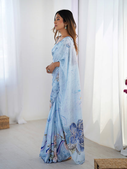 Sky Blue Vintage Print Heavy Chinon Saree with Blouse for Women