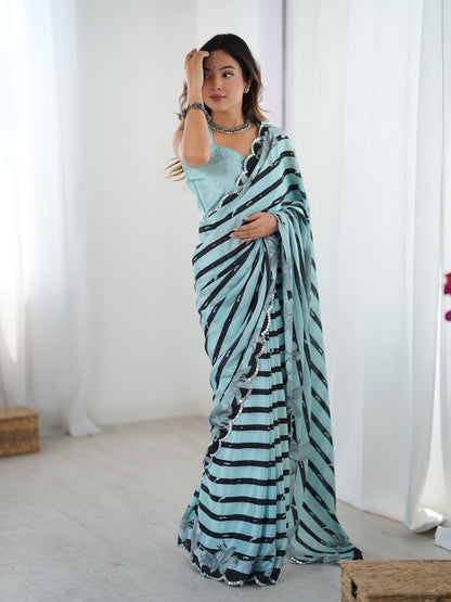 Sky Blue Floral Printed Chinnon Saree for Women