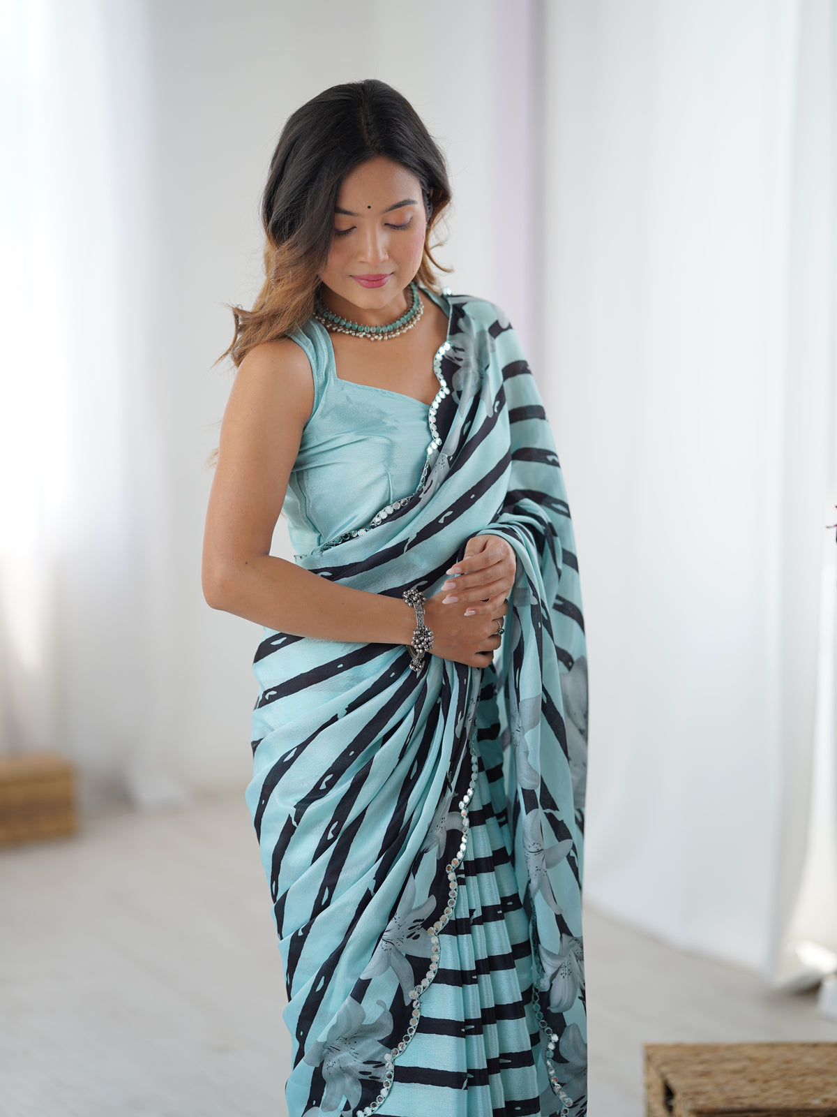 Sky Blue Floral Printed Chinnon Saree for Women