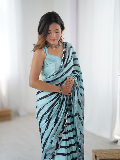Sky Blue Floral Printed Chinnon Saree for Women