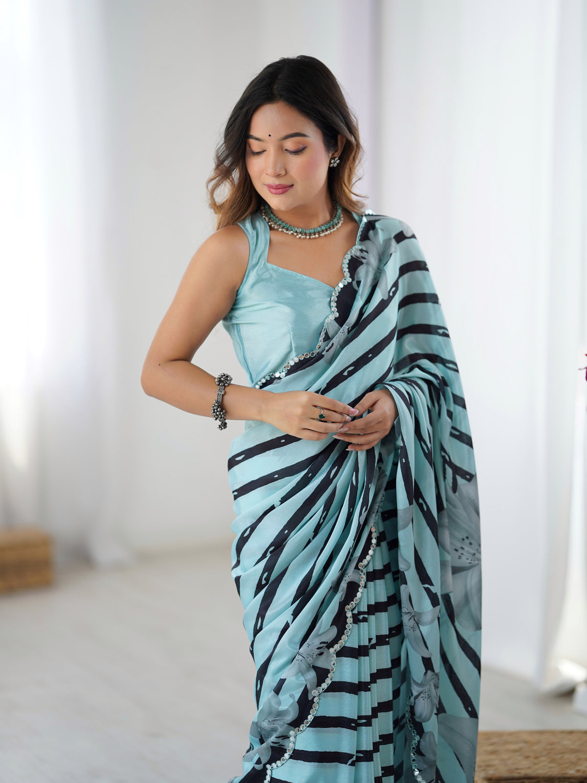 Sky Blue Floral Printed Chinnon Saree for Women
