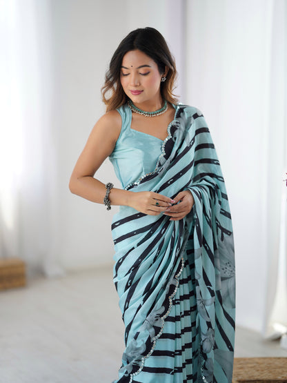 Sky Blue Floral Printed Chinnon Saree for Women