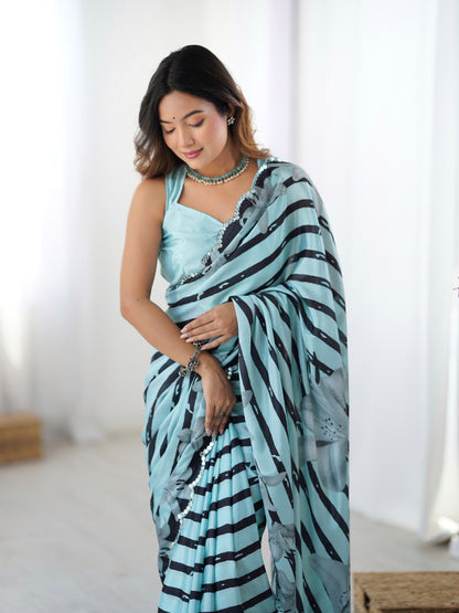 Sky Blue Floral Printed Chinnon Saree for Women