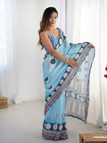 Women's Sky Blue Printed Chinon Saree with Designer Border