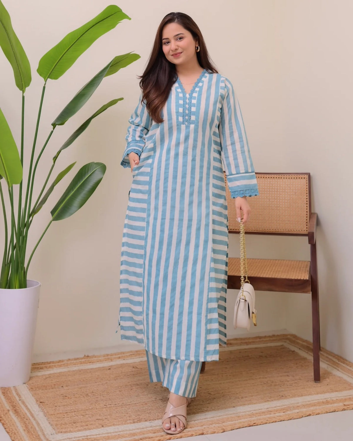 Sky Blue Printed Rayon Kurta Set with Palazzo for Women