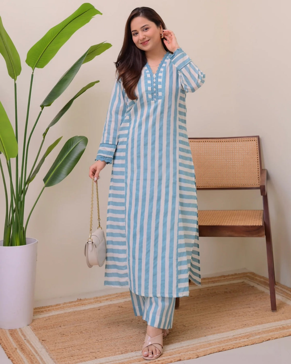 Sky Blue Printed Rayon Kurta Set with Palazzo for Women