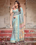 Sky Blue Floral Printed Tussar Silk Saree with Zari