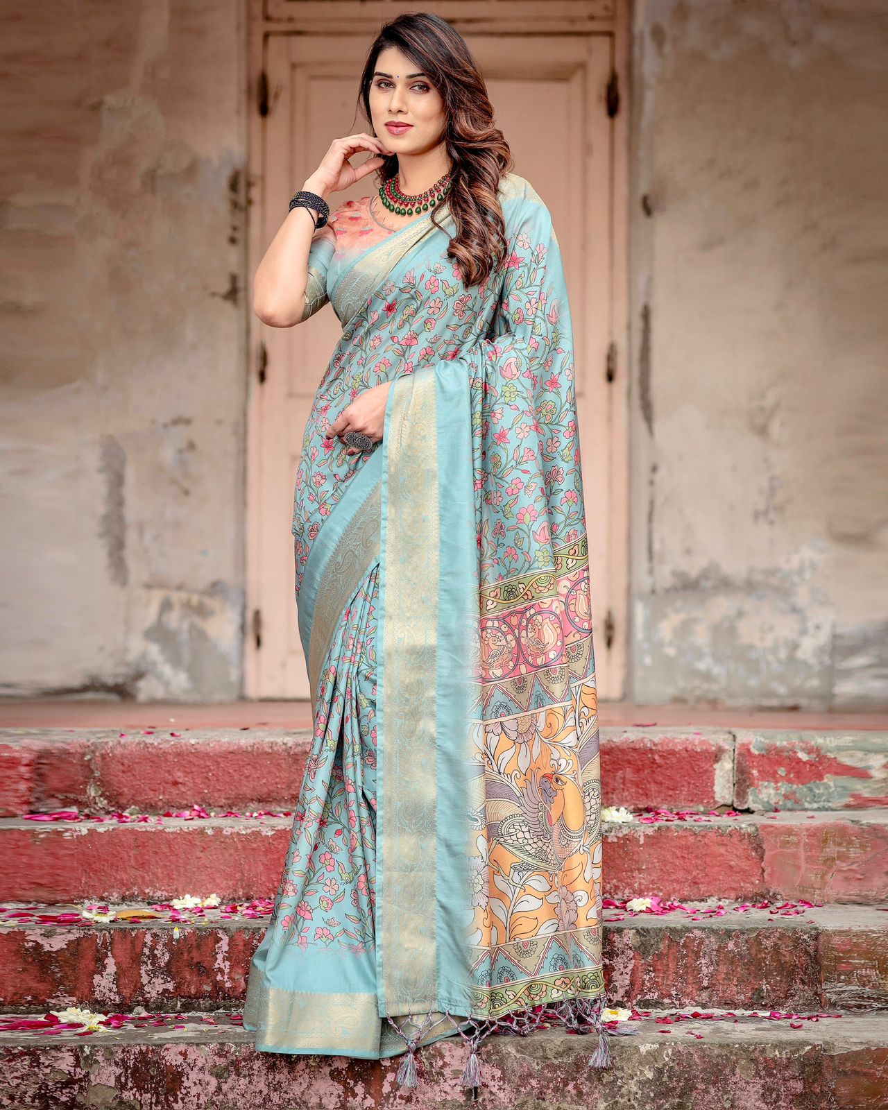 Sky Blue Floral Printed Tussar Silk Saree with Zari