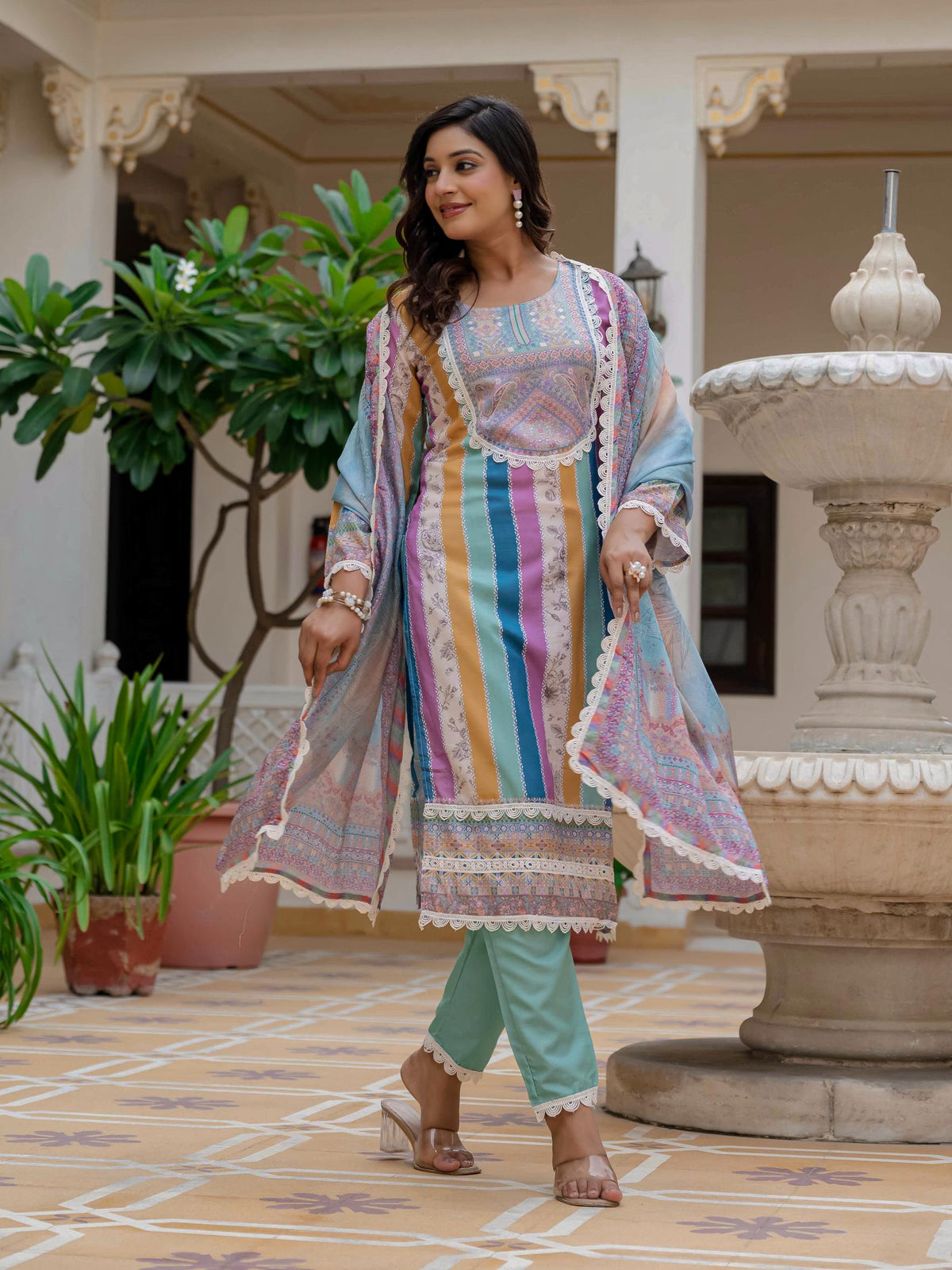 Sky Blue SlubElegance Embroidered Suit Set for Women