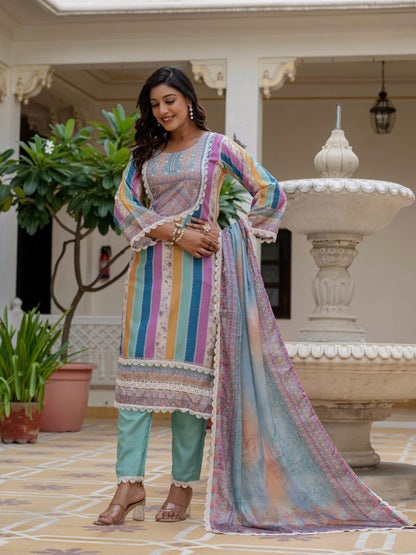 Sky Blue SlubElegance Embroidered Suit Set for Women