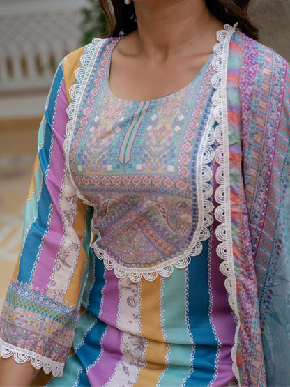 Sky Blue SlubElegance Embroidered Suit Set for Women