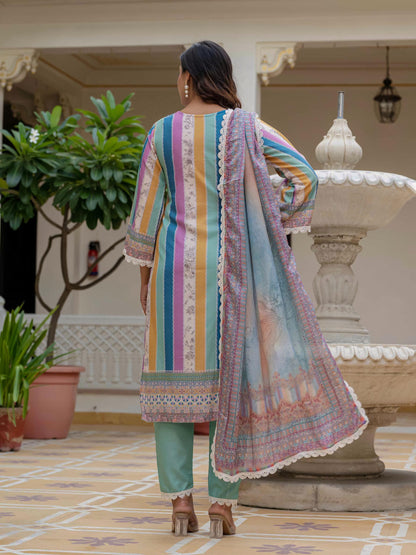 Sky Blue SlubElegance Embroidered Suit Set for Women