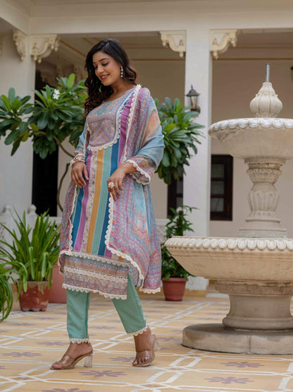 Sky Blue SlubElegance Embroidered Suit Set for Women